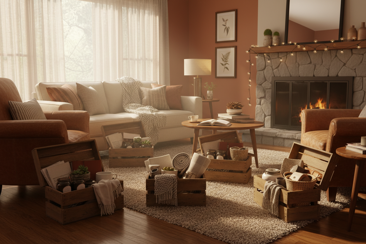 Cozy well lit living room with open crates that have been opened and products coming out of them
